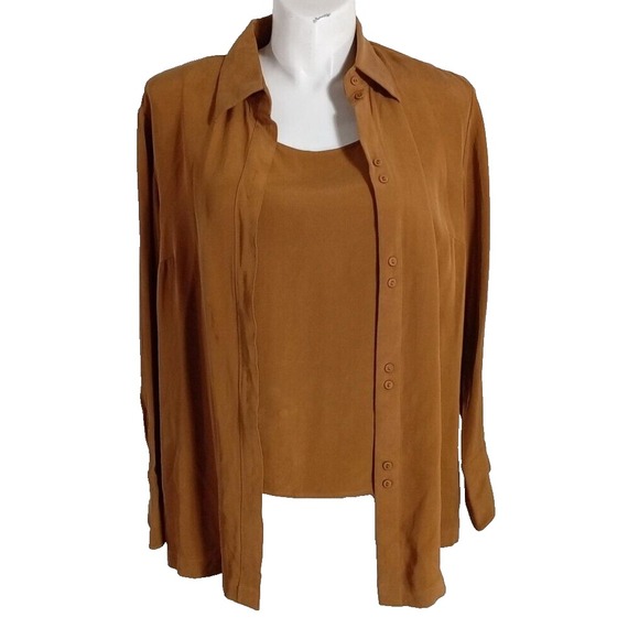 due per due Tops - Due Per Due Top 18W Brown Bronze 100% Silk 2 pc Set Shell Shirt Jacket Button